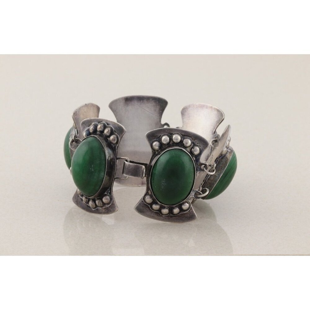 Sterling Silver Large Malachite Link Bracelet Vintage Mexico 6 3/4" inch - Picture 4 of 5